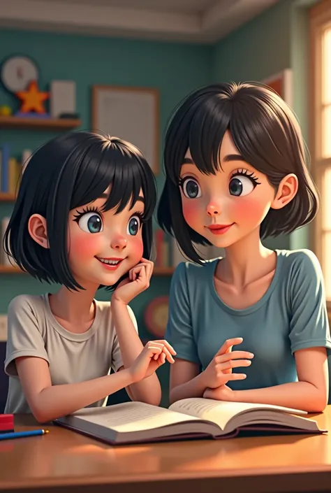 A teacher reading with her studen, a  girl with black short hair, bangs and blue eyes, realistic