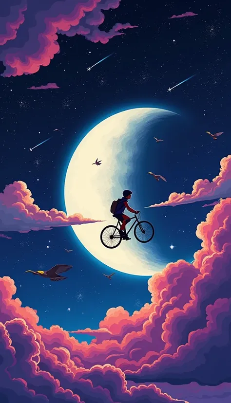 This image depicts a surreal and vibrant scene of a person riding a bicycle across the sky with a massive glowing full moon in the background. The night sky is filled with stars, shooting stars, and flocks of birds, surrounded by vivid purple and pink clou...