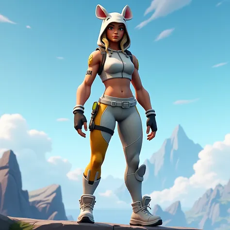 Skin Fortnite veinard. Portant un legging moulant avec des chaussette blanche un peut remonter sur le legging.un haut blanc une casquette jaune à l’envers. Veinard est sur un banc à tilted tower les jambe écarter regardant le ciel.