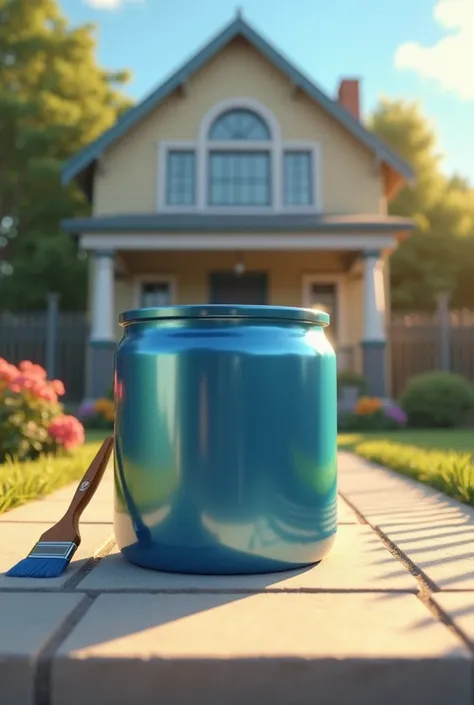 Animation of a metallic blue paint jar with a brush on the side placed on the front of a house with a metal fence 