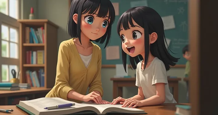 A teacher reading with her studen, a  girl with black short hair, bangs and blue eyes, realistic