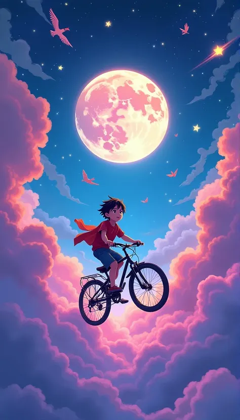 This image depicts a surreal and vibrant scene of a boy  riding a bicycle across the sky with a massive glowing full moon in the background. The night sky is filled with stars, shooting stars, and flocks of birds, surrounded by vivid purple and pink clouds...