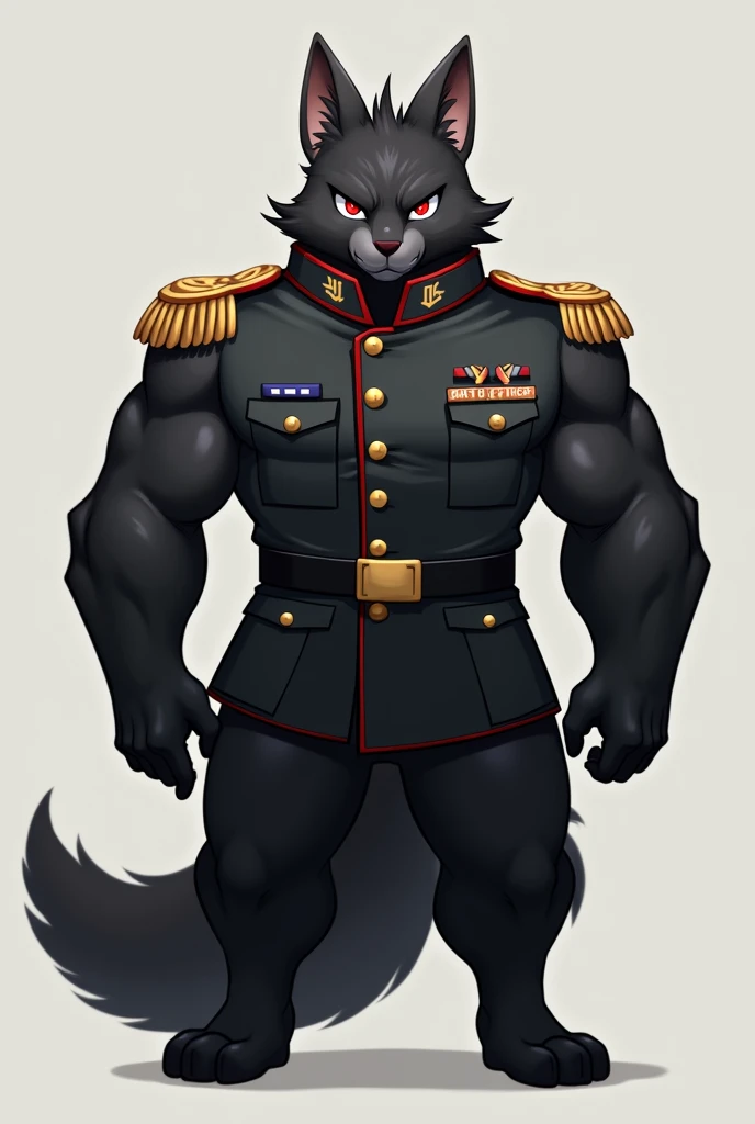 Furry with sniper black fur red eyes tall adorable military uniform