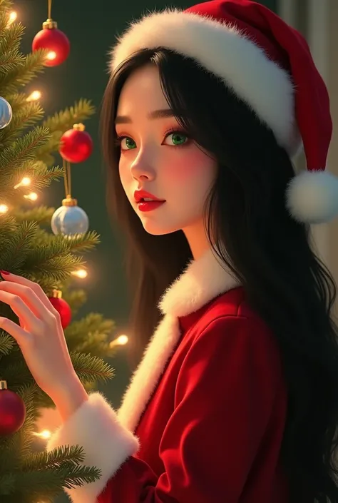 Photo realista 4k, Beautiful young woman with European features, long and perfect laceo black hair ,tropical green eyes ,  white porcelain skin with a glow effect , Red lips,  flushed cheeks , he is wearing a Christmas coat and Santa hat,  is decorating th...