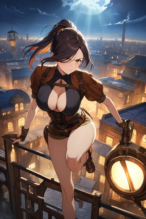 1 girl, (confident face), 20 years old, (medium hair in a ponytail:1.2), (determined gaze), large breasts, slim, (wearing stylish steampunk bandit outfit:1.4), short sleeve, (mask covering eyes), BREAK  
Moonlit rooftop, city skyline, (preparing to leap:1....