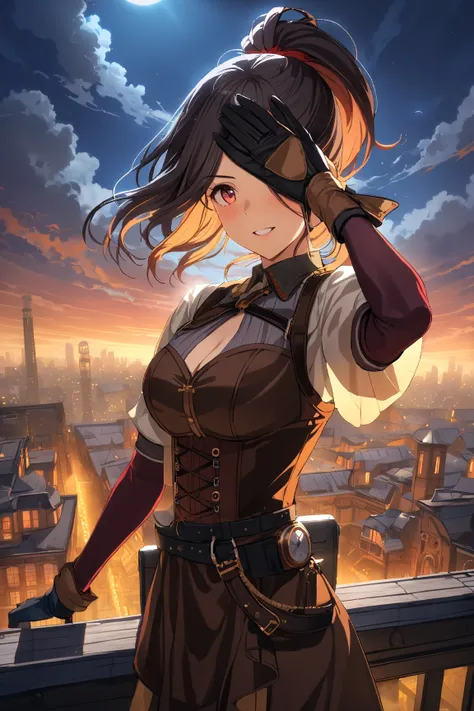 1 girl, (confident face), 20 years old, (medium hair in a ponytail:1.2), (determined gaze), large breasts, slim, (wearing stylish steampunk bandit outfit:1.4), short sleeve, (mask covering eyes), BREAK  
Moonlit rooftop, city skyline, (preparing to leap:1....