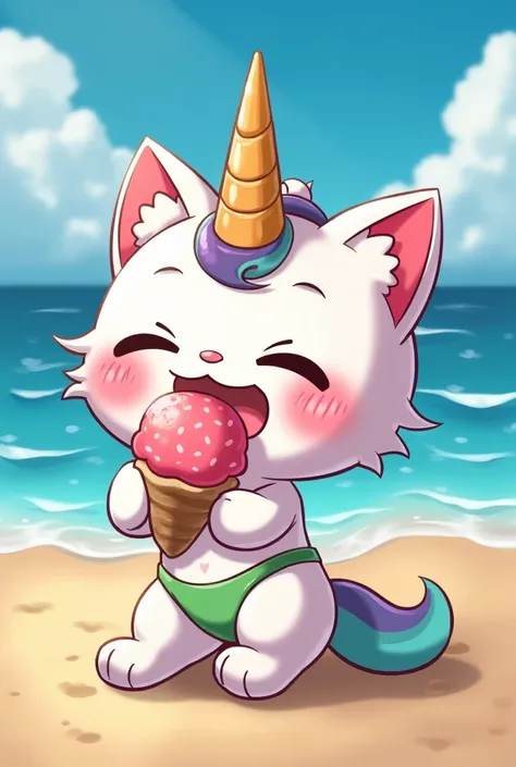 Unikitty ,  in green bikini , Her Square Head .. His horn, His tail .. and his ears,  eating ice cream on the beach while shes excited