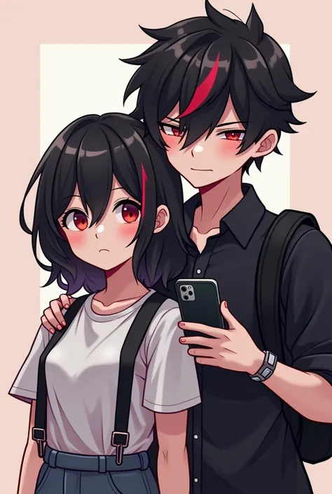 Create a logo for TikTok with the user brid .Cof in the video game image of the girl with very pretty black hair on her shoulders wearing a shirt with black straps and a cell phone and the boy who is taller than the girl with black hair and red highlights ...