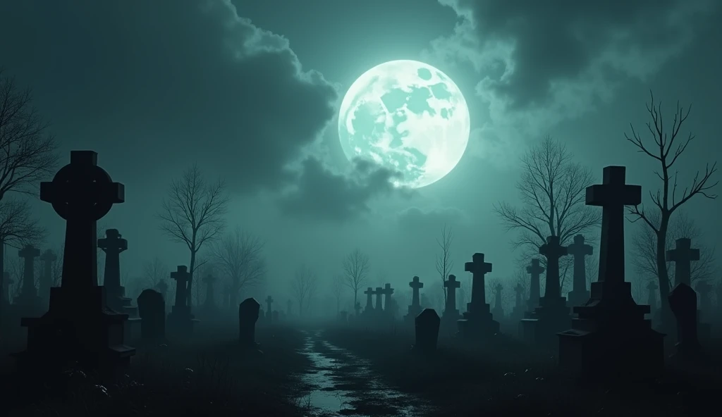 A haunting post-apocalyptic landscape of a desolate, moonlit cemetery. The scene is bathed in an ethereal glow from a full moon partially obscured by wispy clouds. 
