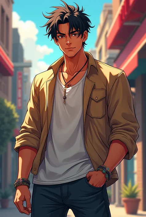 He is a tall young man, with a slightly stocky build, short black hair and warm brown eyes. His skin has a tan tone. He wears decorative bracelets on one of his hands, which adds a personal touch to her style, and he has a small, subtle tattoo on his wrist...