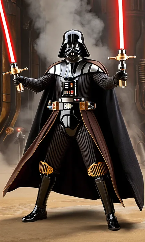 (steampunk) Star Wars, Dart Vader (steam vents on back, powerful pistons in arms and legs, wielding a light saber) striking menacing action poses as he cuts his way through an enemy base
