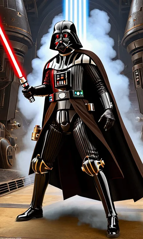 (steampunk) Star Wars, Dart Vader (steam vents on back, powerful pistons in arms and legs, wielding a light saber) striking menacing action poses as he cuts his way through an enemy base
