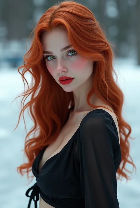 Photo realista 4k, Beautiful young woman with European features,Long and perfect laceo Cabello Rojo  ,tropical green eyes ,  white porcelain skin with a glow effect , Red lips,  flushed cheeks , wears a skirt and a short black blouse,  on an ice rink
HD qu...