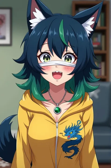 My hero academi, adolescent female character , dark blue hair , green and white tufts , her eyes are covered with white bandages and she has black tears, has a wolfs tail and ears ,  blue dragon tattoo on the chest ,  cheerful expression, full body photo ,...