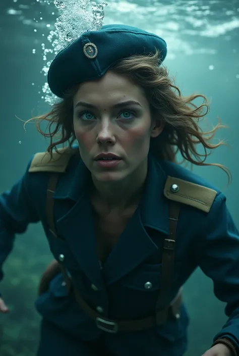 Ww2, british WAAF aircraftwoman, WAAF beret, hairstyle, drowning, underwater, belt, blue uniform. 