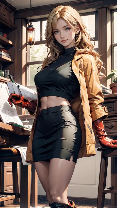  sexy, Mason, return, smile,  long blond hair and green eyes, black croptop, top,  jacket, blue pencil skirt ,  red boots,  white gloves,  high heel boots