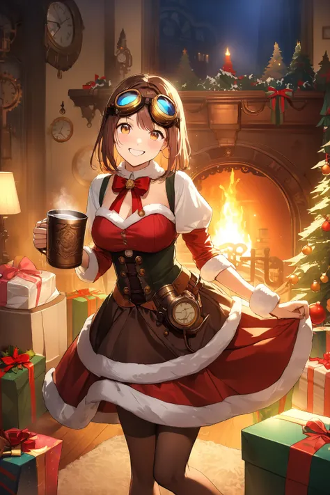 1 girl, (cheerful face), 21 years old, (bright smile), medium breasts, slim, (wearing festive steampunk Christmas outfit:1.4), knee length skirt, (decorative goggles with holly), BREAK  
Cozy Victorian living room, decorated Christmas tree, (holding a stea...