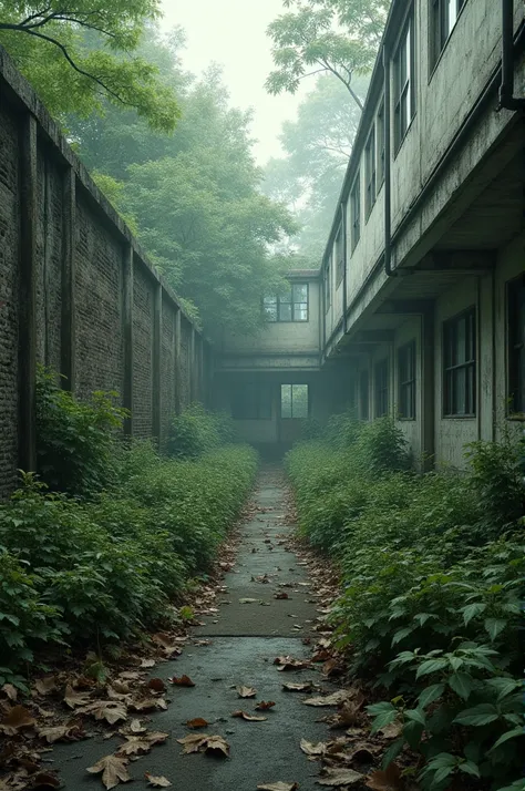 An abandoned garden with dry leaves in a fenced and abandoned school
