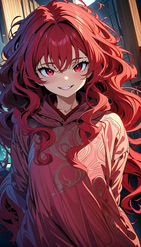 (masterpiece, Highest quality, Official Art:1.2), 
Looking at the audience, One Girl, alone, 
(red long hair, wavy hair) and (red eyes), (messy town), hoodie, 
naughty face, spooky, 
Ultra-fine illustrations, highly detailed, Dynamic Angle, beautiful detai...