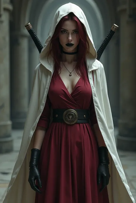  Woman with dark red hair,  black eyes,  black lips, wearing a wine-red medical dress ,  white cape covering her face and carrying 2 katanas behind her back