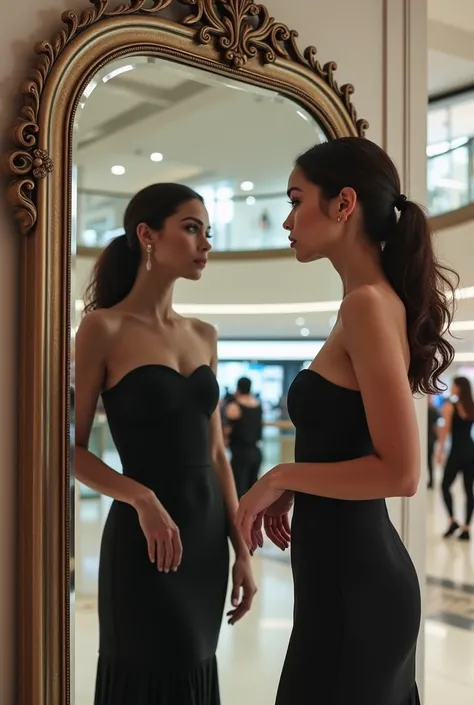 woman in a mall looking in front of a mirror