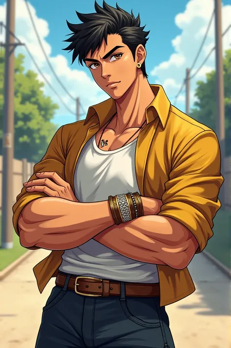 He is a tall young man, with a slightly stocky build, short black hair and warm brown eyes. His skin has a tan tone. He wears decorative bracelets on one of his hands, which adds a personal touch to her style, and he has a small, subtle tattoo on his wrist...