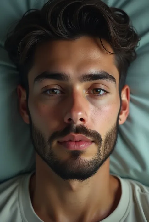 Young man with a beard opening his eyes and closing in two scenes after a dream 