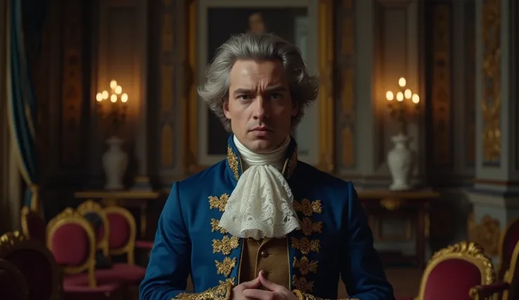 A mid-shot of King Louis XVI, his face filled with uncertainty and indecision, as he stands in a dimly lit room, overwhelmed by the weight of the growing revolution. In his early 30s, dressed in regal blue and gold attire, he looks weary and defeated, his ...