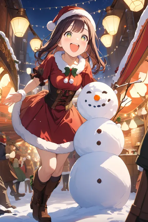 1 girl, (adorable face), 19 years old, (sparkling eyes:1.2), (excited expression), small breasts, slim, (wearing cute steampunk Santa dress:1.4), above knee length, (red and green accents), BREAK  
Snowy outdoor market, twinkling lights, (making a snowman:...