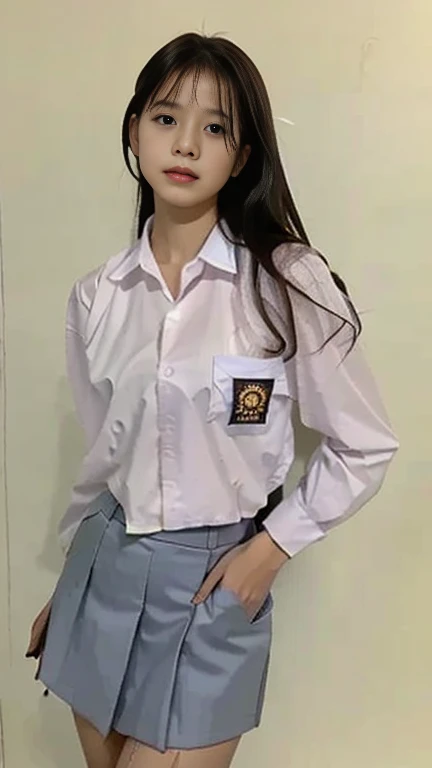 A beautiful Indonesian high school girl, 18 years old, sweet George face, wavy shoulder length hair with bangs, slim body, wearing a uniform of white shirt and gray skirt ((bottom of shirt tucked into skirt)) ((OSIS badge on breast pocket)) and carrying hi...