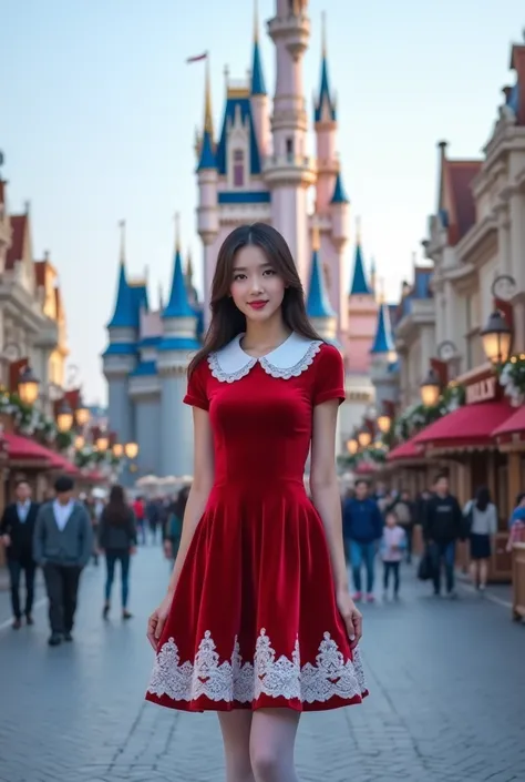 "Red Christmas in Disney Castle"
Masterpiece, photorealistic, sharp focus, highly detailed, 8K resolution, detailed beautiful eyes and face, Asian young woman with long dark hair, wearing a red velvet Christmas dress with white lace trim, white stockings, ...