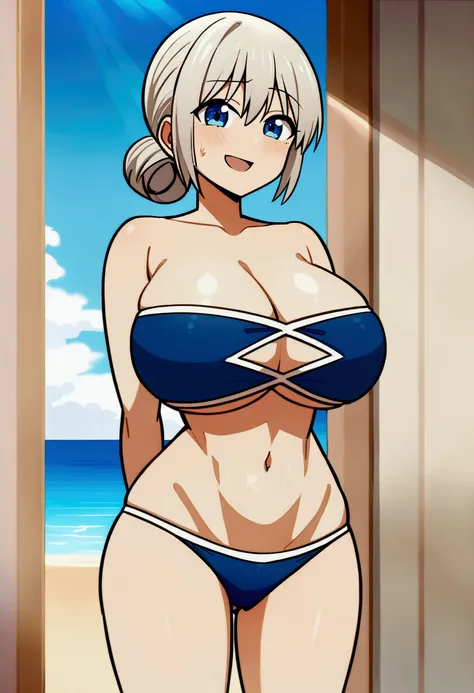 Masterpiece, best qualitt, modern anime Style, cell shading illumimnation, Hana Uzaki, Uzaki Chan, silver bob hairstyle, bangs, blue expressive eyes, blue bikini, eyepatch bikini , huge breasts, big ass, full body, shiny body, sweat, happy, horny look, loo...