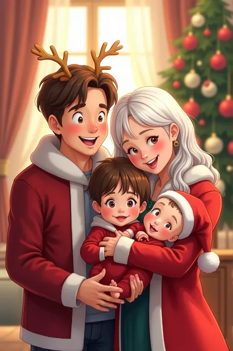  Family cartoon with Christmas costumes made up of 4 people, 28 year old male father of light brown tea ,  mother woman of 30 years medium height of white tea ,  male son of s of white tea and baby woman of 2 months 