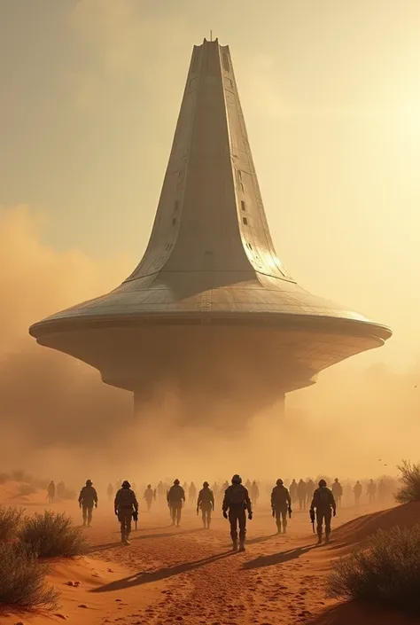 alien ship parked in the desert with military around it