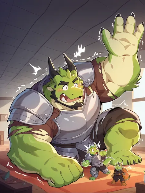 Scribble dragon face,furry(dragon),chuppy, muscular big strong muscle,( black eyebrows:1.1),(perfect eyes), green fur，Wears royal clothes/armor, shocked and surprised,（artist:takemoto arashi)，paw，（ Black beard :1.3），（royal clothes/armor :1.4) (wears knight...