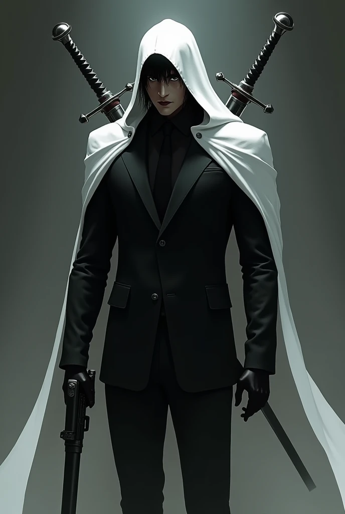 Man with dark hair ,  black eyes,  black lips,  wearing a black suit,  white cape covering his face and carrying 2 swords behind his back and a gun in his hand