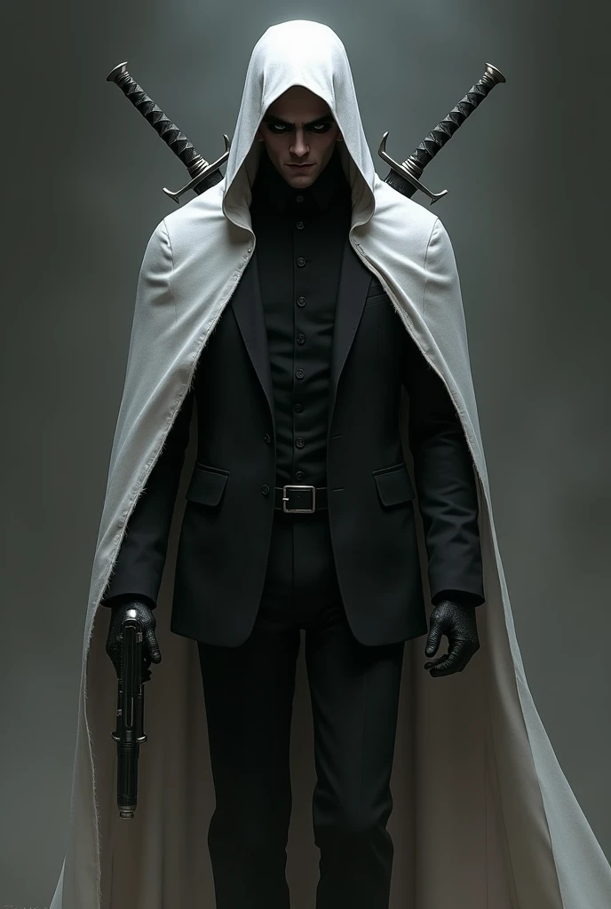 Man with dark hair ,  black eyes,  black lips,  wearing a black suit,  white cape covering his face and carrying 2 swords behind his back and a gun in his hand