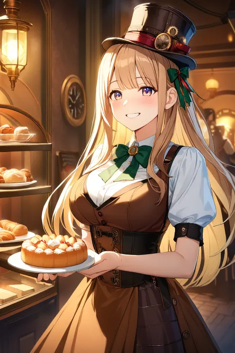 1 girl, (sweet face), 20 years old, (long hair adorned with ribbons:1.2), (playful grin), large breasts, slim, (wearing elegant steampunk holiday attire:1.4), short sleeve, (holding a candy cane), BREAK  
Charming café, warm ambiance, (serving pastries:1.2...