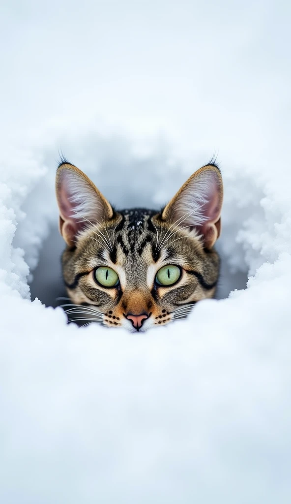 A tabby cat with bright green eyes peeking out from deep snow, with only its head visible. The cat’s fur is lightly dusted with snowflakes, and the scene is set against a pure white snowy background. The focus is sharp on the cat’s eyes and ears, creating ...