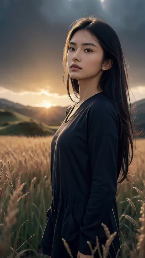 8k, best quality, masterpiece, realistic, ultra detail, photo realistic, Increase quality, 
a photo of a tanned asian girl standing in a field, brown skin,  in the style of dark and brooding designer, voluminous mass, photobash, serene faces, jagged edges,...