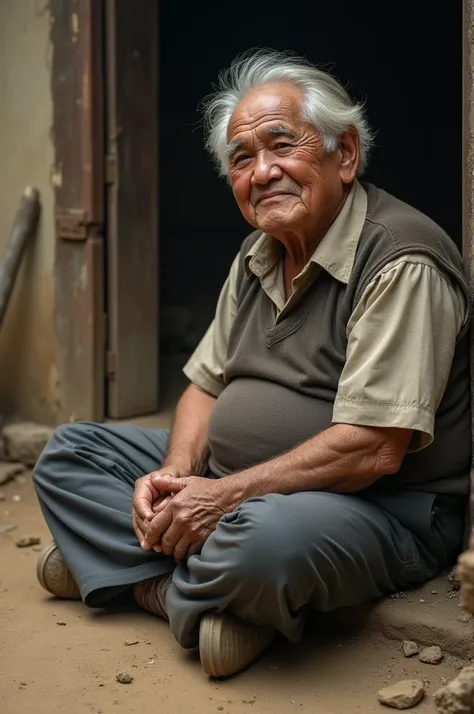 A chubby old man from 80 to 77 years old sitting on the dirt floor 