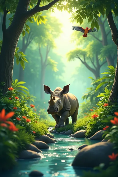 In cenematic 3d cartoon style "A rich, green jungle filled with dense trees, colorful flowers, and a clear stream.

Sunlight filtering through the leaves, giving the forest a magical feel.
Walking rhino and bird"