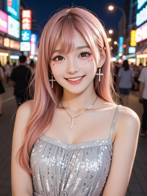 8k, real, realistic , super concentration , Japanese, cute girl,Cute idol,Heavy makeup,Under-eye bags makeup, cute face,Cheerful smile, Cheerful Expressions ,Sparkling, open your mouth, long white pink hair ,Silver Dress,new york,night,neon,night景がSparklin...