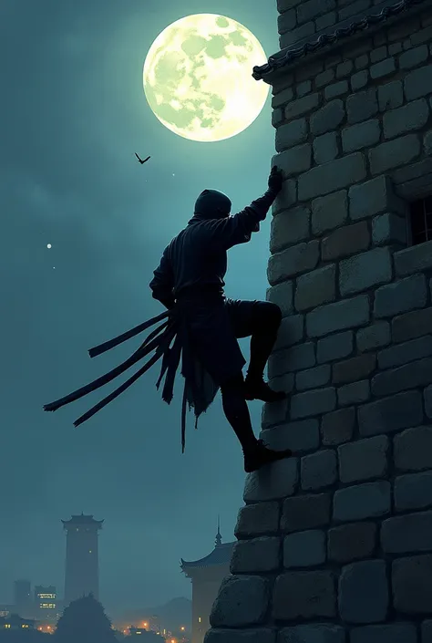 Ninja scout in black clothes climbing the wall of a Japanese castle, dynamic lighting, night, moon shines in the sky, in silence ominous events take place, illustration for a historical story, masterpiece, best quality, painterly clear strokes, exceptional...