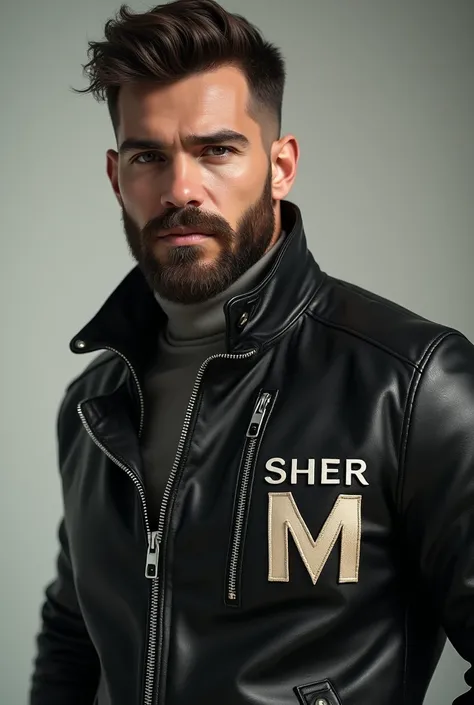 Create a handsome man with beared look wearing a leather jacket and Sher M name must be written front of  the jacket 