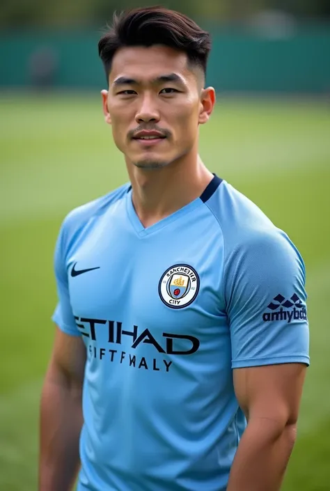 One Korean man wearing a Manchester City football shirt ,Big arm muscles,  tight breasts ,  Muscle Bundle,  round neck fit neck shirt. , (((Big arm muscles,  tight breasts ,  Muscle Bundle, ))), ((( sports pants .  stares at the camera with a thin smile ))...