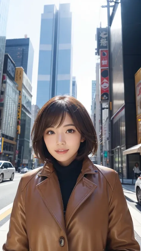 highest quality、genuine、Super detailed、finely、High resolution、8k wallpaper、one beautiful japanese woman Walking  Under the skyscraper、light brown short hair、sharp focus、perfect dynamic composition、beautiful and detailed eyes、thin short hair、Detailed genuin...