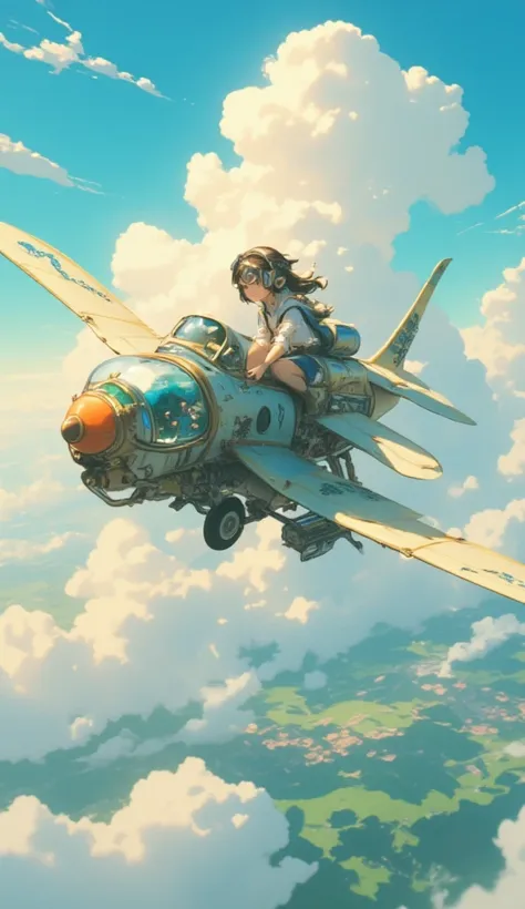  steampunk、Wide View、Flying in the sky、((( dragonfly flying with steam engine、Extremely simple construction、Internal combustion engine、Aquarium、Fuel tank、Small single-seater airplane :1.7、 very smooth fuselage、Flapter )))、Pilot by a girl、goggles、