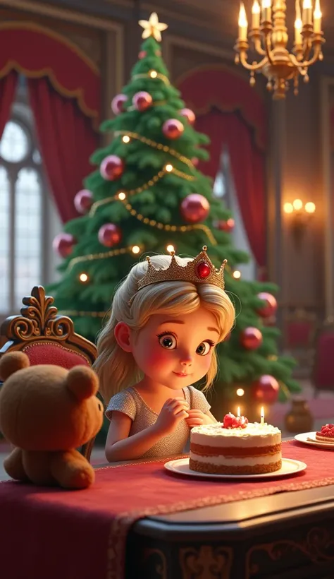 Inside a magnificent castle、The little princess is eating a stuffed bear and Christmas cake、 Christmas tree、3d