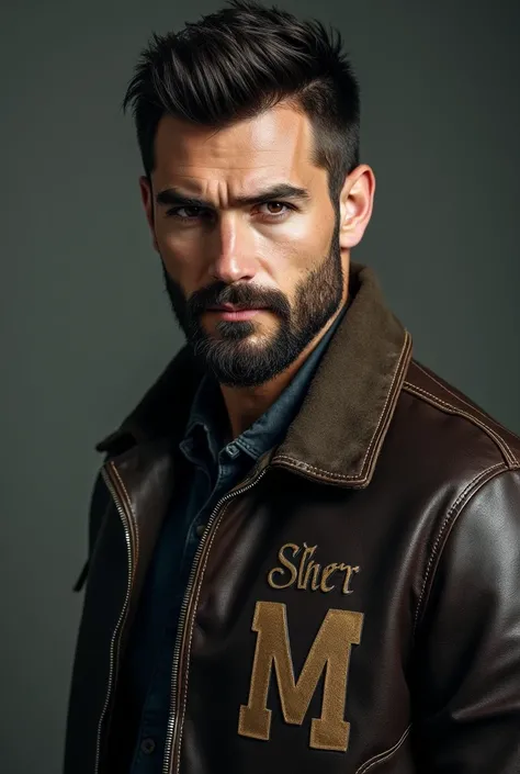 Create a young man with beared look wearing a leather jacket and Sher M name must be written front of  the jacket 